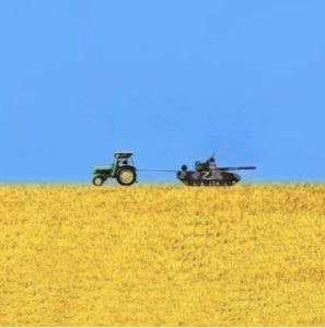 The colors of the Ukrainian flag represented in a blue sky and wheat field.