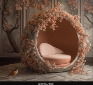 An image by Ultra Fabrics of a round basket chair covered in artificial blossoms - the blossoms and cushion are in the new 2024 Pantone Color of the Year, Peach Fuzz