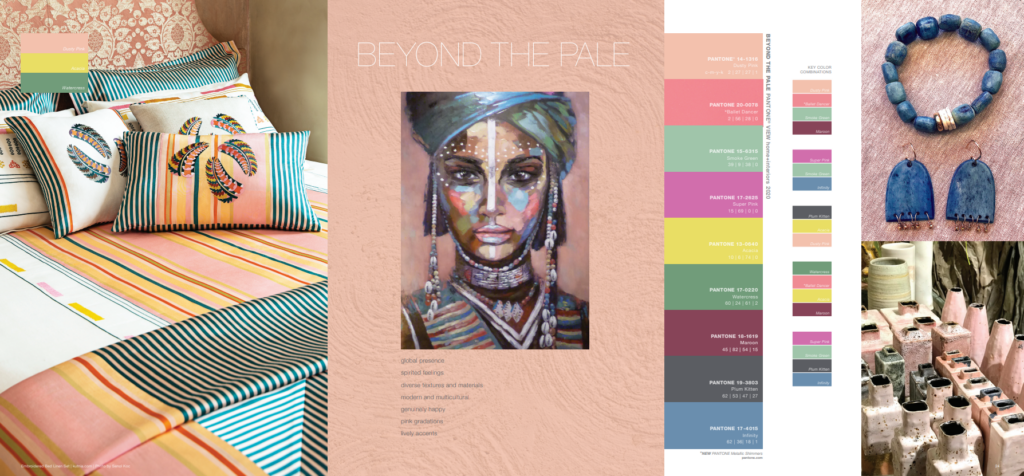 A mood board showing the Pantone Color Institute's " Beyond the Pale" Color Palette for 2020. The central element is a painting of an African woman