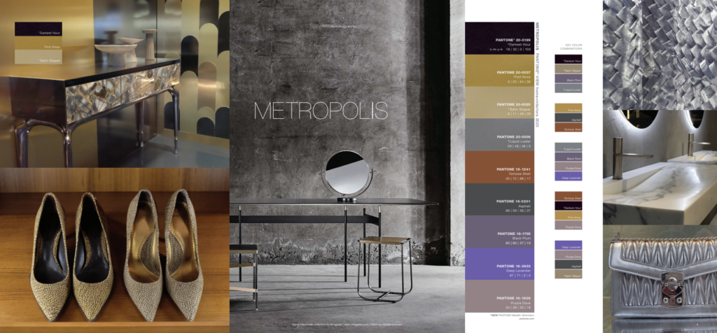 A mood board showing the Pantone Color Institute's Metropolis color palette for 2020