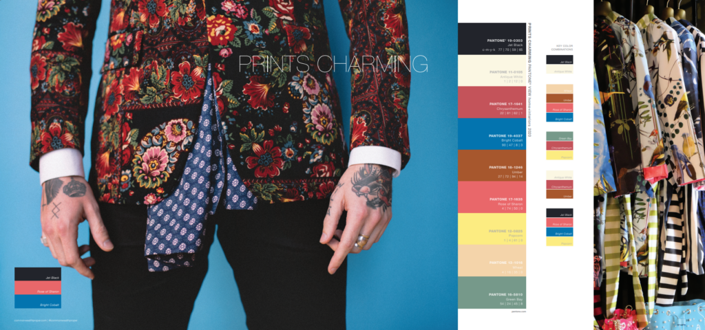 A mood board showing the Pantone Color Institute's "Prints Charming" Palette for 2020. The figure in the front wears a black floral blazer.