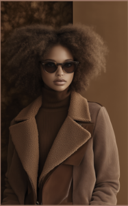 A black woman with natural hair, wearing a mocha coat and turtleneck and brown sunglasses, against a brown wall. 