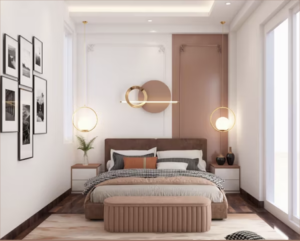 A bedroom with modern furniture in the color of Pantone's color of the year, Mocha Mousse