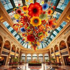 A colorful Chihuly chandelier in the lobby of the Bellagio