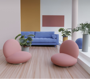 two modern light pink chairs and a periwinkle blue couch in a modern room 