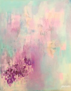 An abstract painting in colors of mint green, burgundy, and pink.